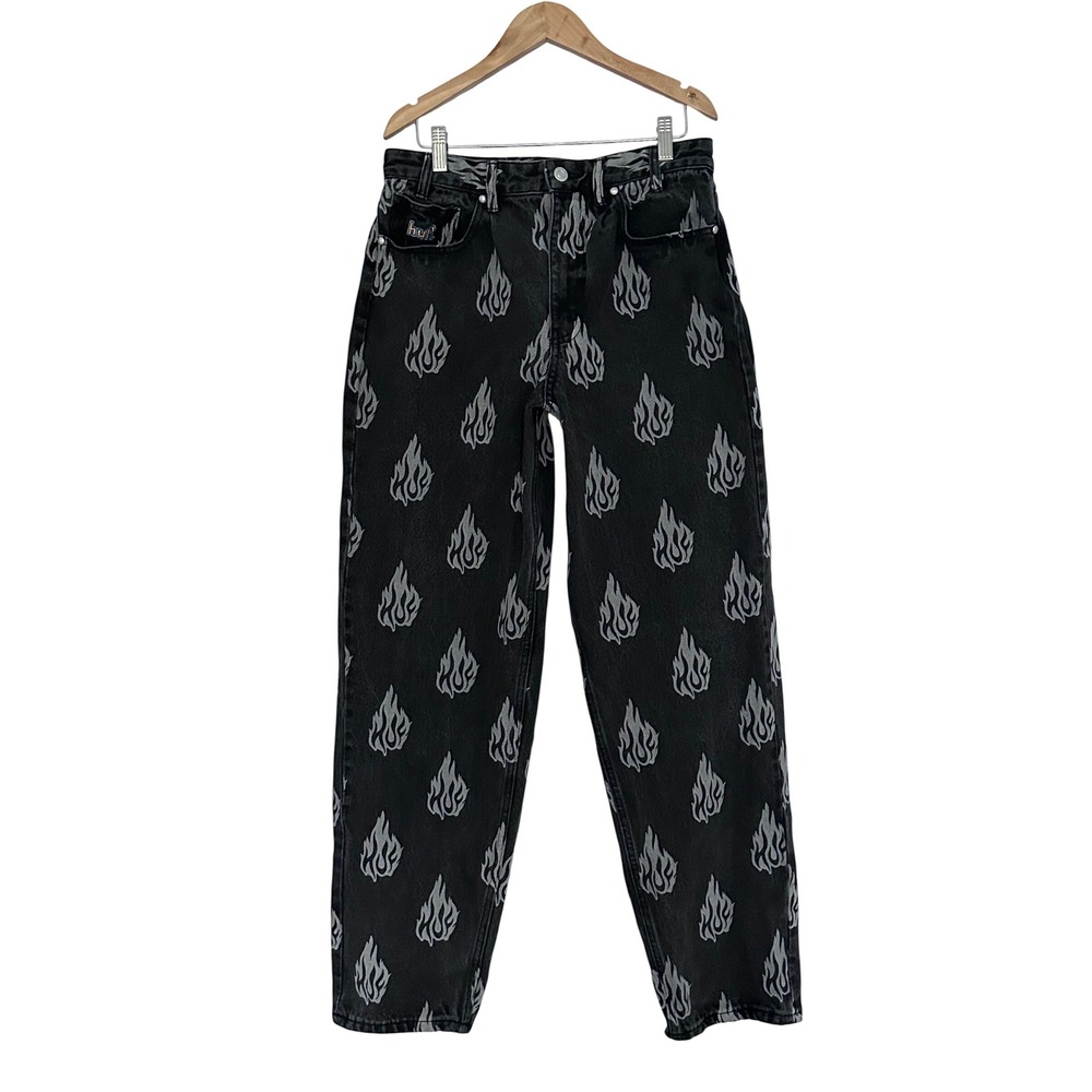 HUF Cromer Flame Jeans Men 30 Baggy Tapered Skate Pants Black Y2K Grunge Utility